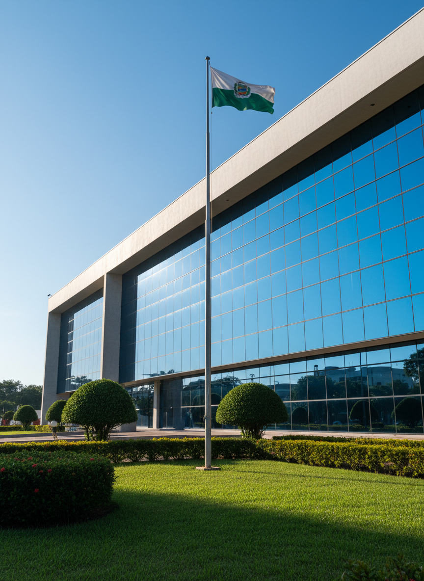 Fachada de um prédio público moderno em Goiânia, com grandes painéis de vidro espelhado azul e estrutura de concreto claro, cercado por jardim bem cuidado com gramado verde intenso e arbustos podados. A bandeira do estado de Goiás aparece hasteada em um mastro metálico alto, esvoaçando suavemente ao vento, sem qualquer texto legível. Luz de manhã ensolarada, com céu azul limpo e sombras definidas que reforçam a arquitetura. Composição em perspectiva ligeiramente baixa, destacando imponência e institucionalidade. Estilo fotográfico documental, clima sério e profissional, ideal para ilustrar notícias de política e administração pública no estado.