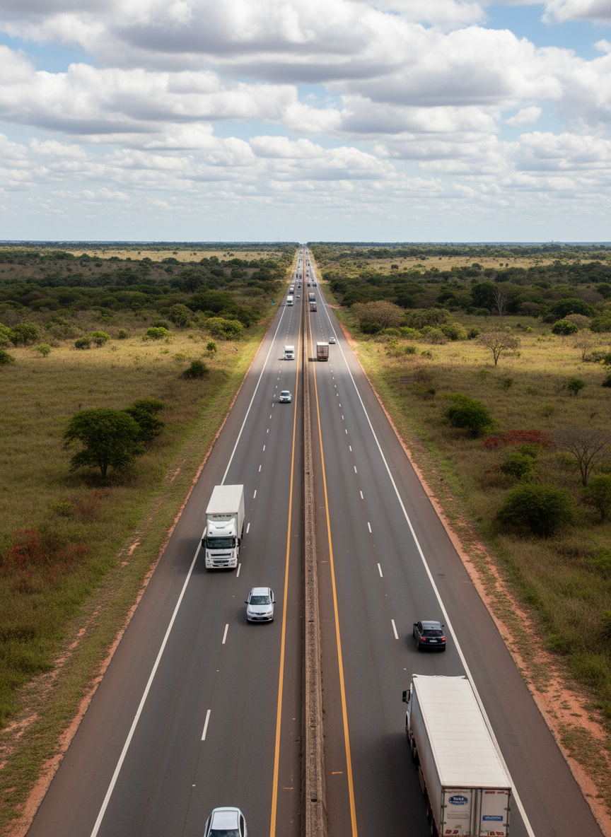Rodovia duplicada que corta o interior de Goiás, vista de um viaduto alto, com longas faixas de asfalto bem marcado, caminhões e carros em trânsito e extensas áreas de pasto e cerrado nas laterais, em tons de verde e marrom. O céu parcialmente nublado produz luz difusa, reduzindo sombras fortes e dando um aspecto equilibrado e realista à paisagem. A composição horizontal enfatiza a linha da rodovia se perdendo ao longe, sugerindo conexão entre municípios. Estilo fotográfico jornalístico, atmosfera de deslocamento e infraestrutura, perfeita para pautas sobre transporte, logística e desenvolvimento regional no estado.