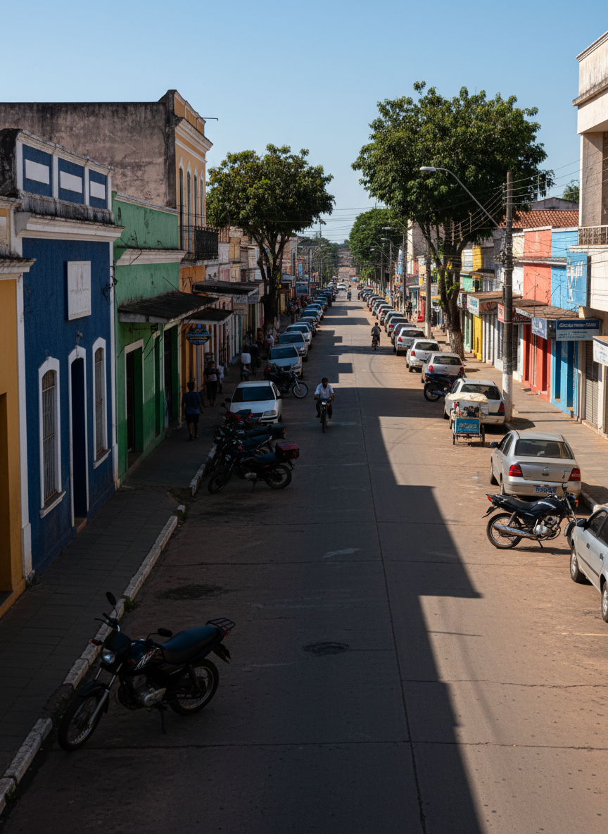 Rua comercial movimentada em cidade do interior de Goiás, com fachadas coloridas de um ou dois andares, placas e marquises sem texto legível, calçadas estreitas e várias motos e carros estacionados ao longo do meio-fio. Árvores esparsas projetam sombras sobre o piso de cimento gasto. A luz é de meio da tarde, forte e levemente dura, criando contrastes marcantes entre áreas iluminadas e sombreadas. A câmera está em nível de rua, olhando na direção do horizonte, com profundidade de campo ampla para manter todas as construções em foco. A atmosfera é autêntica e cotidiana, adequada para notícias de cidades e economia local em Goiás.